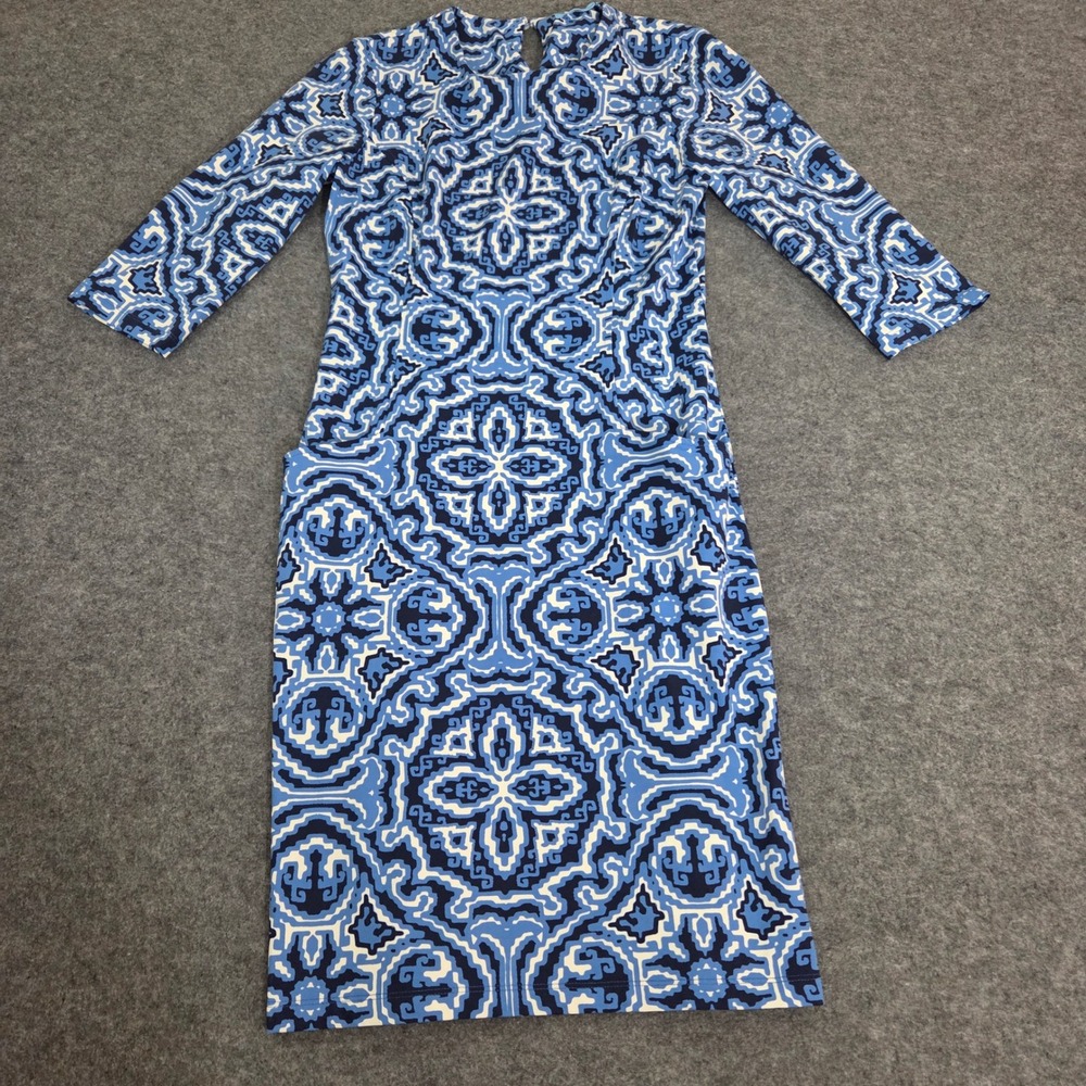 J.McLaughlin Blue White Geometric Tile Sheath Dress XS 3/4 Sleeve Crew Neck